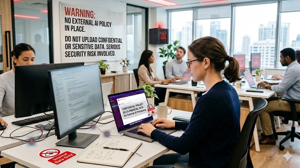 Business team using AI tools without clear policy creating unseen data risk